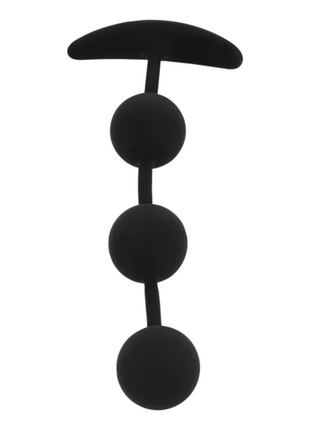 Schwarzer silikon analplug mit drei kugeln und gebogenem griff aus der serie black&silver harry anal-rosenkranz 14 cm