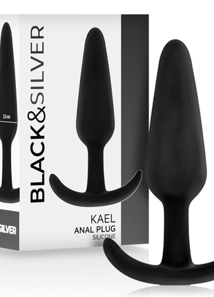 Schwarzer silikon analplug kael von black und silver mit mittlerem griff und gebogenem griff