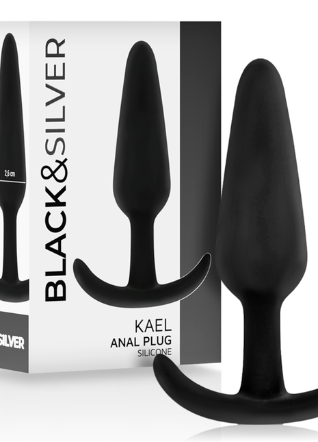 Schwarzer silikon analplug kael von black und silver mit mittlerem griff und gebogenem griff