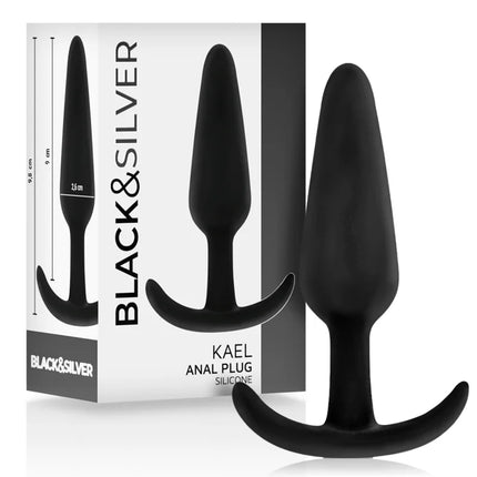 Schwarzer silikon analplug kael von black und silver mit mittlerem griff und gebogenem griff