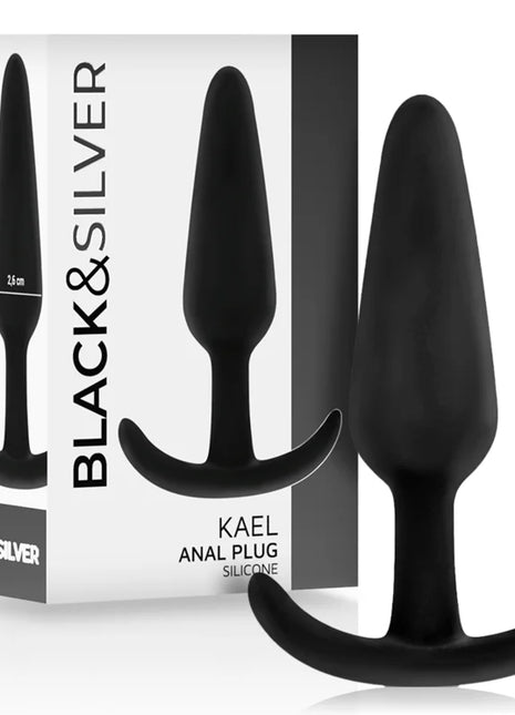 Schwarzer silikon analplug kael von black und silver mit mittlerem griff und gebogenem griff