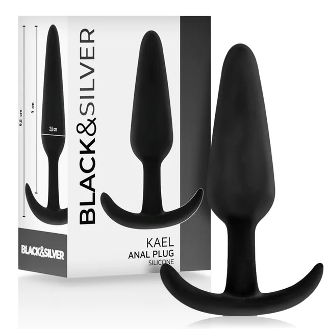 Schwarzer silikon analplug kael von black und silver mit mittlerem griff und gebogenem griff