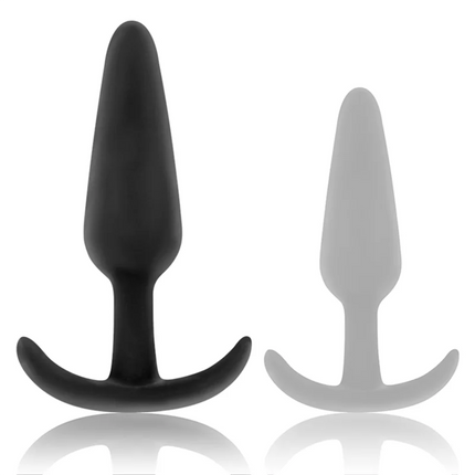 Schwarze und graue silikon analplugs mit mittlerem griff und gebogenem boden aus der serie black&silver