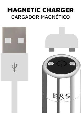 Silberne magnetische ladegerät mit schlankem zylindrischem design und schwarzem powerknopf oben für kailan 2 vibrieerende magnetkugel