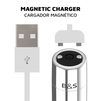 Silberne magnetische ladegerät mit schlankem zylindrischem design und schwarzem powerknopf oben für kailan 2 vibrieerende magnetkugel