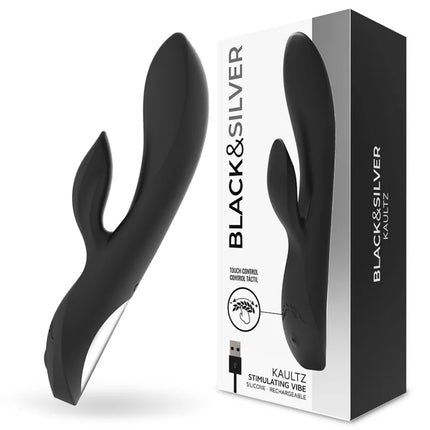Schwarzer silikon vibrator in hasenform mit touch control von Kaultz aus der Black&Silver Kollektion