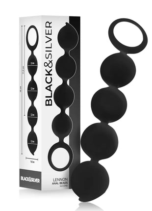 Black & silver lennon anal rosary mit 4 schwarzen silikonkugeln und ringen an beiden enden 15 cm lang