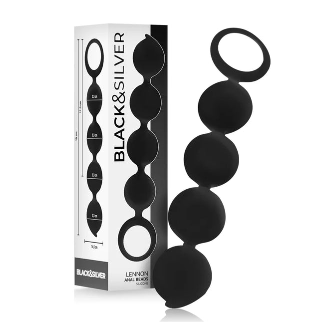Black & silver lennon anal rosary mit 4 schwarzen silikonkugeln und ringen an beiden enden 15 cm lang