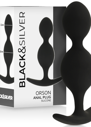 Schwarzer silikon analplug black&silver orson mit abgerundetem kopf und gebogener basis 9 cm lang