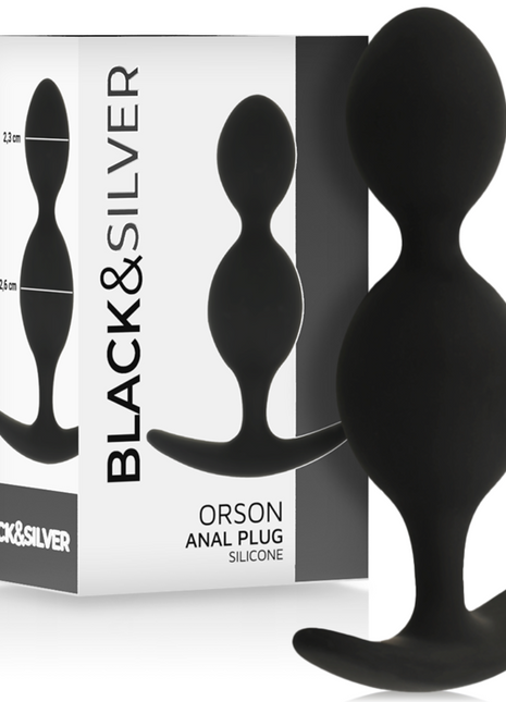 Schwarzer silikon analplug black&silver orson mit abgerundetem kopf und gebogener basis 9 cm lang