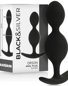 Schwarzer silikon analplug black&silver orson mit abgerundetem kopf und gebogener basis 9 cm lang