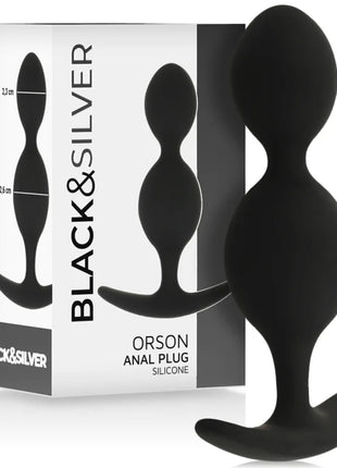 Schwarzer silikon analplug black&silver orson mit abgerundetem kopf und gebogener basis 9 cm lang