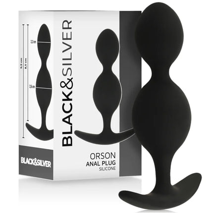 Schwarzer silikon analplug black&silver orson mit abgerundetem kopf und gebogener basis 9 cm lang