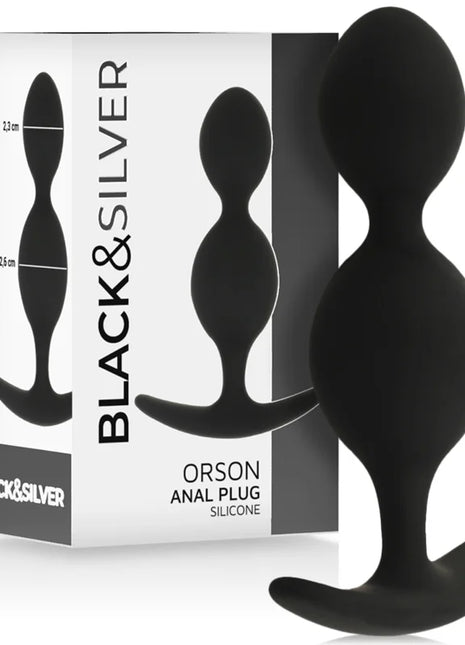 Schwarzer silikon analplug black&silver orson mit abgerundetem kopf und gebogener basis 9 cm lang