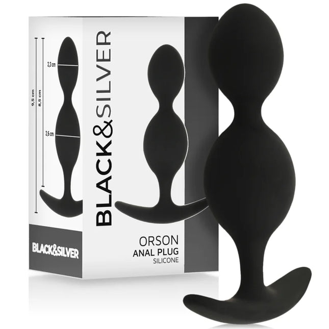 Schwarzer silikon analplug black&silver orson mit abgerundetem kopf und gebogener basis 9 cm lang