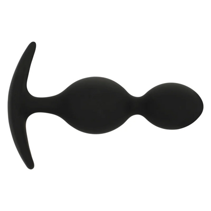 Schwarzer silikon analplug von black&silver mit t-förmigem griff und zwei kugelförmigen wellen 9 cm lang