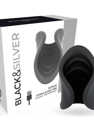 Schwarzer und silberner winki-masturbator aus silikon mit ergonomischen konturen und wiederaufladbarer vibration