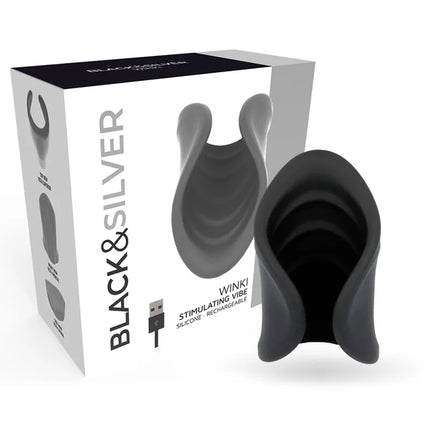 Schwarzer und silberner winki-masturbator aus silikon mit ergonomischen konturen und wiederaufladbarer vibration