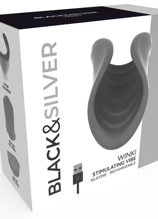 Schwarzer und silberner winki-masturbator aus silikon mit glatten konturen und integriertem usb-ladeanschluss