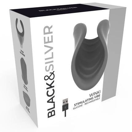 Schwarzer und silberner winki-masturbator aus silikon mit glatten konturen und integriertem usb-ladeanschluss
