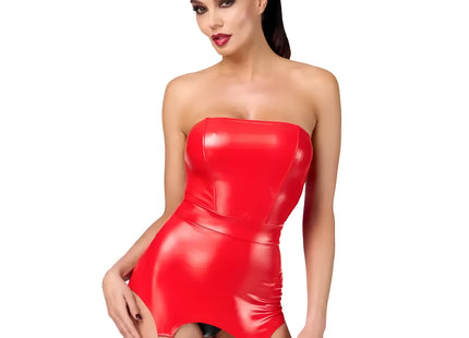 Bombshell - Rotes Powerwetlook-Kleid mit Korsett mit Strumpfhalter - Korsett
