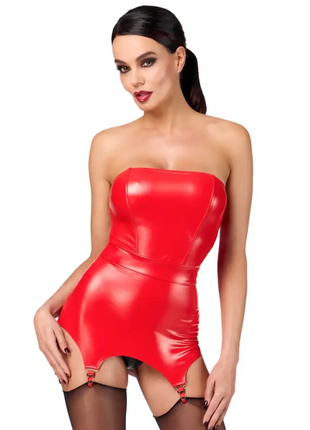 Bombshell - Rotes Powerwetlook-Kleid mit Korsett mit Strumpfhalter - Korsett