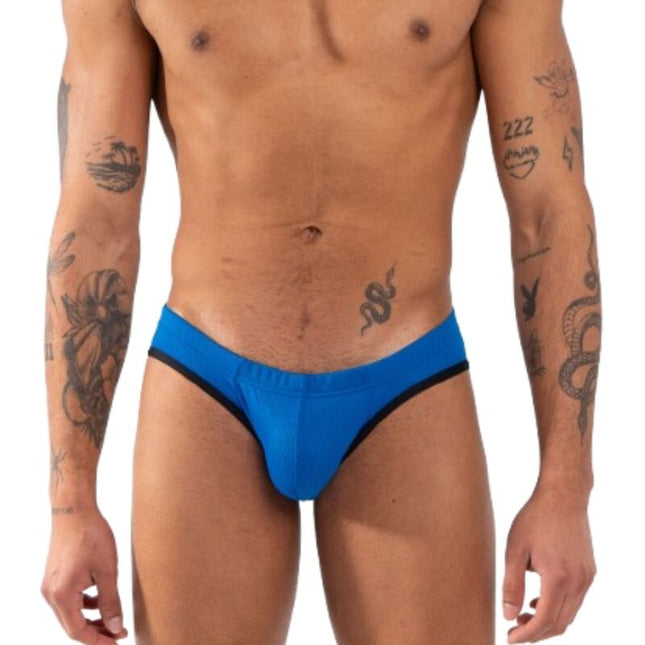 Formengebundene badehose burn 018 blue slip s in leuchtendem blau mit schwarzem rand