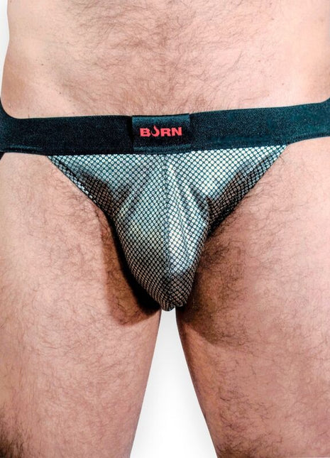 Schwarze mesh briefs mit rotem born logo am bund aus der burn 023 jock studio 54 s kollektion