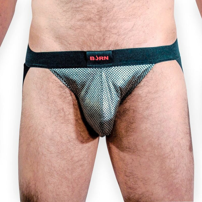 Schwarze mesh briefs mit rotem born logo am bund aus der burn 023 jock studio 54 s kollektion