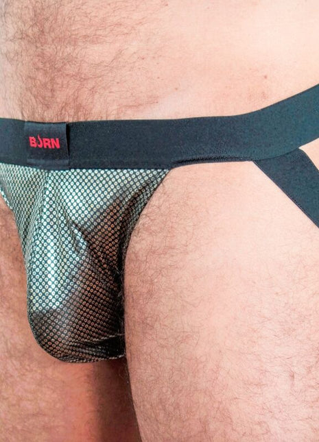 Schwarzer mesh brief mit rotem bjrn logo auf dem bund aus der serie burn 023 jock studio 54 s