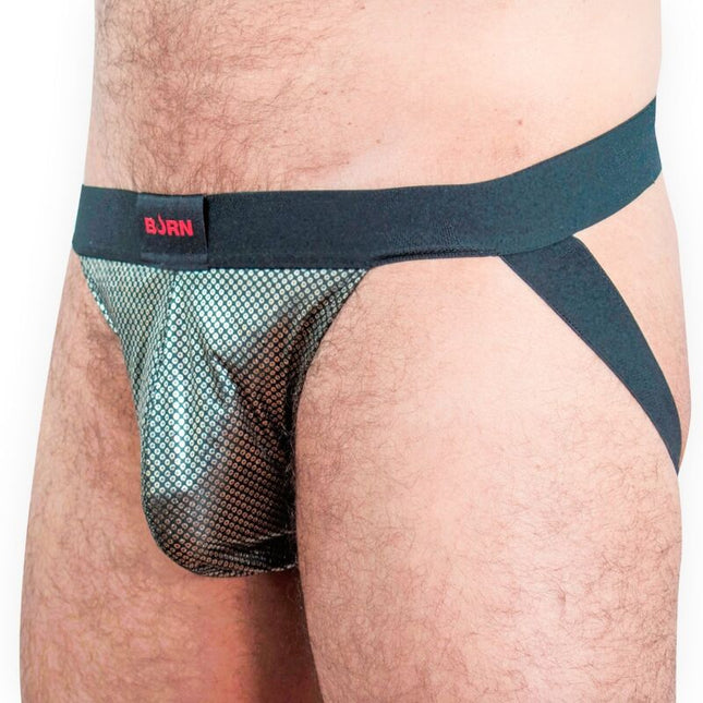 Schwarzer mesh brief mit rotem bjrn logo auf dem bund aus der serie burn 023 jock studio 54 s