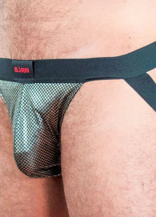 Schwarzer mesh brief mit rotem bjrn logo auf dem bund aus der serie burn 023 jock studio 54 s