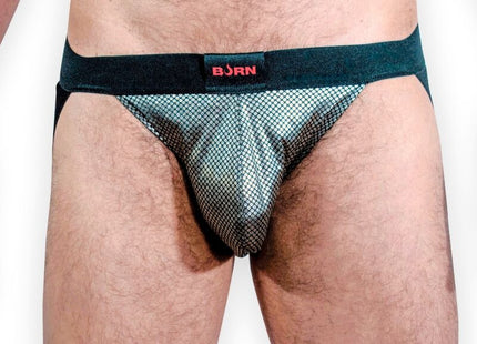 Schwarze mesh briefs mit rotem born logo am bund aus der kollektion burn 023 jock studio 54 s
