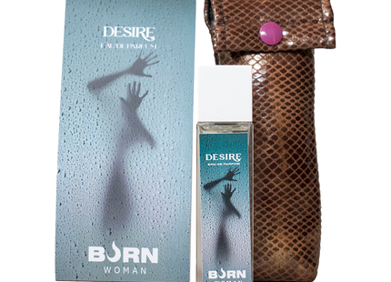 Burn desire damenparfüm 20 ml in rechteckiger glasflasche mit weißem deckel und türkisem etikett mit handmotiven