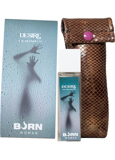 Burn desire damenparfüm 20 ml in rechteckiger glasflasche mit weißem deckel und türkisem etikett mit handmotiven