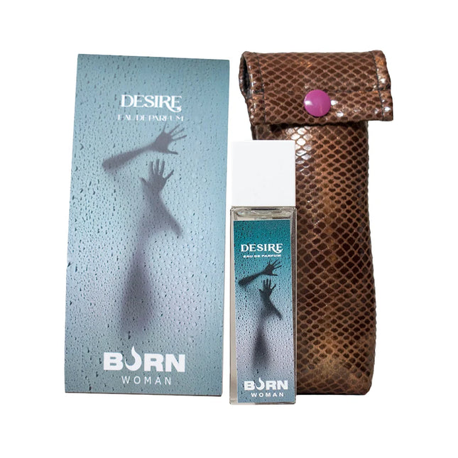 Burn desire damenparfüm 20 ml in rechteckiger glasflasche mit weißem deckel und türkisem etikett mit handmotiven