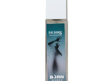 Klare glasflasche burn desire damenparfüm 20 ml mit weißem deckel und türkisfarbener etikette mit handsilhouetten