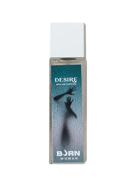 Klare glasflasche burn desire damenparfüm 20 ml mit weißem deckel und türkisfarbener etikette mit handsilhouetten