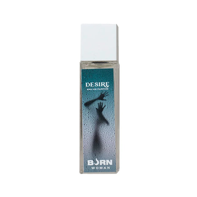 Klare glasflasche burn desire damenparfüm 20 ml mit weißem deckel und türkisfarbener etikette mit handsilhouetten