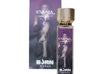 Ein eleganter transparenter glas-flakon mit strukturierter goldkappe und lila etikett der marke enigma burn damenparfüm 20 ml