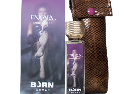 Ein schlanker transparenter glasflakon des burn enigma damenparfüms 20 ml mit goldfarbenem strukturiertem verschluss und lila etikett