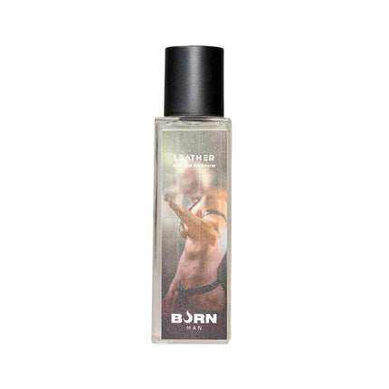 Clear glasflasche mit schwarzem deckel und label mit mann in lederkleidung parfüm burn leder herren 20 ml von Born Man