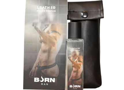 Schwarze ledertasche mit silberner druckknopfverschluss für burn leder herrenparfüm 20 ml