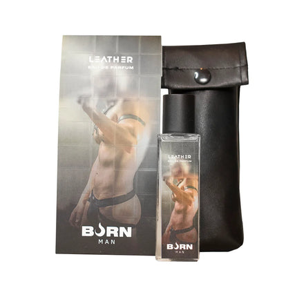 Schwarze ledertasche mit silberner druckknopfverschluss für burn leder herrenparfüm 20 ml