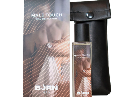 Klar glasflasche mit male touch eau de parfum von born man mit schwarzem deckel und warmen abstrakten wellenmusteretikett