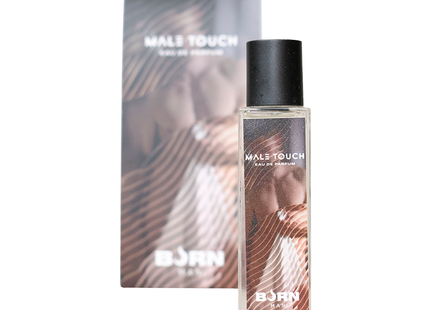 Klare glasflasche mit schwarzemverschluss und label male touch eau de parfum von born dane für herren 20 ml