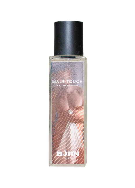 Klare rechteckige glasflasche mit schwarzem deckel und label male touch eau de parfum von born man für burn herrenparfüm 20 ml