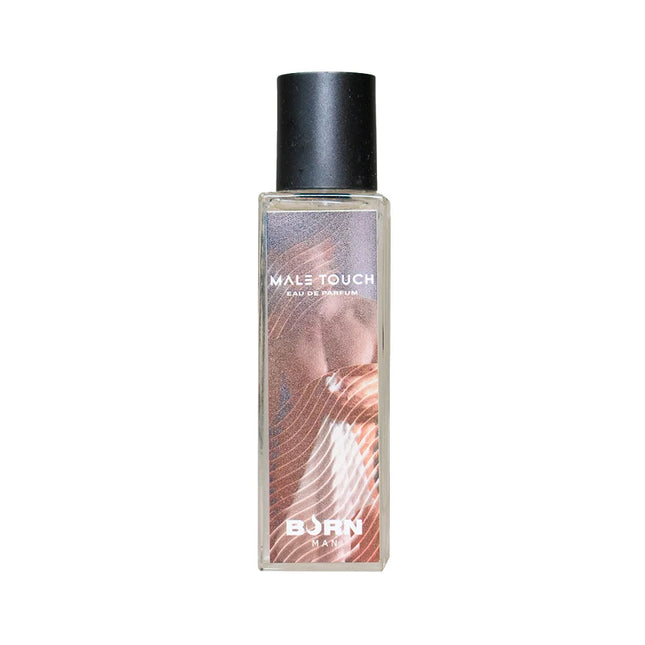Klare rechteckige glasflasche mit schwarzem deckel und label male touch eau de parfum von born man für burn herrenparfüm 20 ml