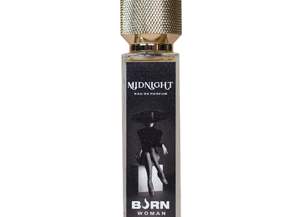 Ein eleganter rechteckiger glasflakon burn midnight damenparfüm 20 ml mit strukturierter goldkappe und schwarzem etikett