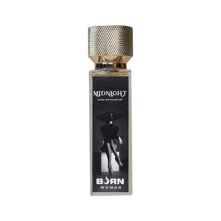 Ein eleganter rechteckiger glasflakon burn midnight damenparfüm 20 ml mit strukturierter goldkappe und schwarzem etikett